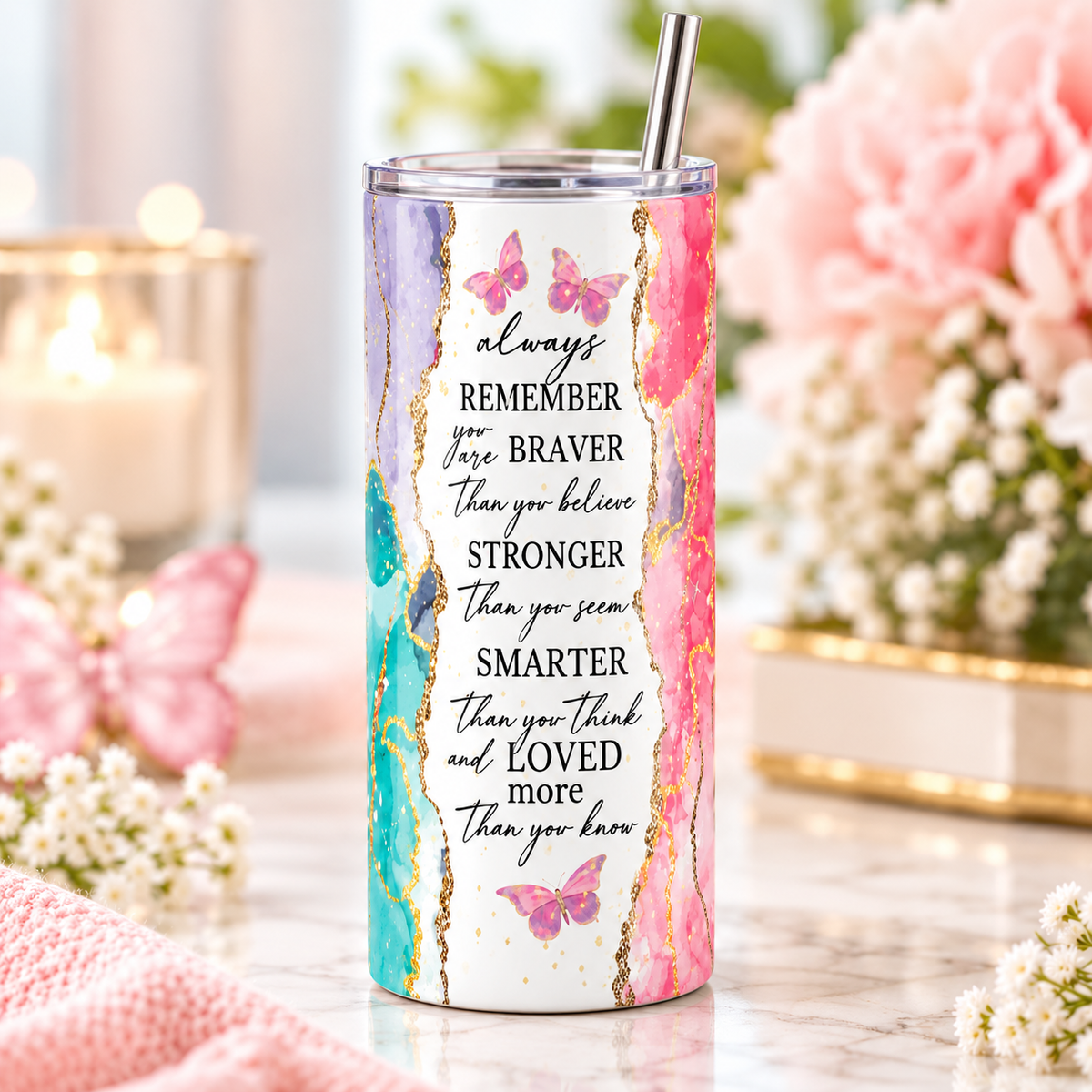 Always Remember You Are affirmation 20oz tumbler with colourful watercolour design
