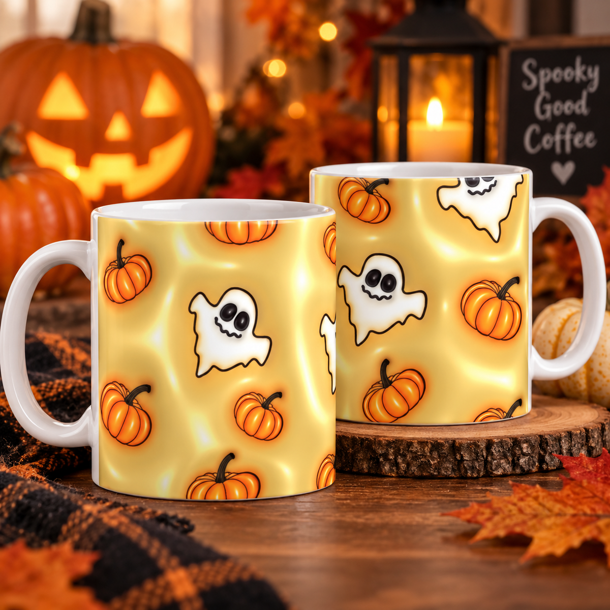Bubble Halloween gold pumpkins and ghosts 11oz mug