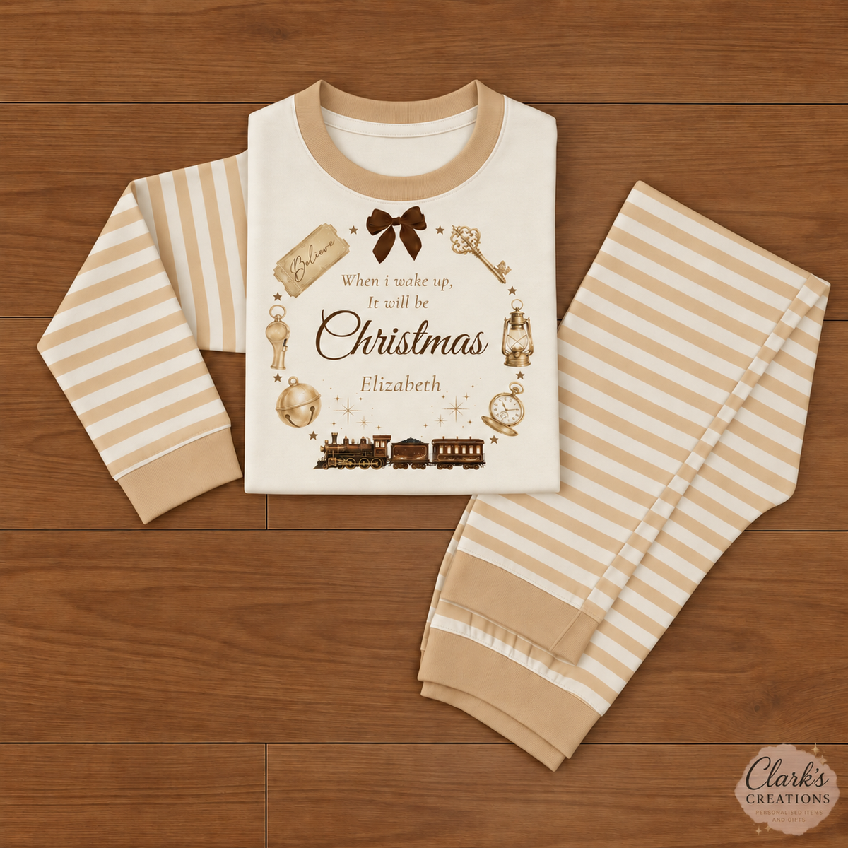 Beige personalised Christmas Eve pyjamas