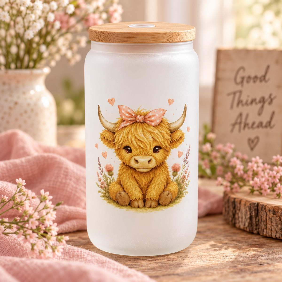 Floral Highland Cow glass can with bamboo lid in a soft floral setting