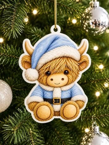 Highland cow Christmas decoration in blue Santa hat and coat