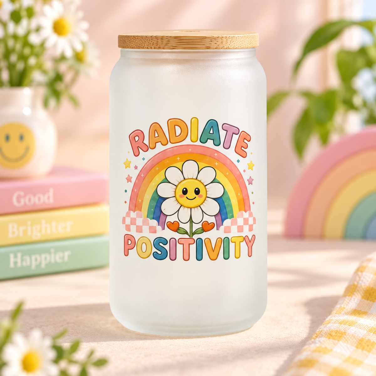 Radiate Positivity glass can with bamboo lid in a bright cheerful setting