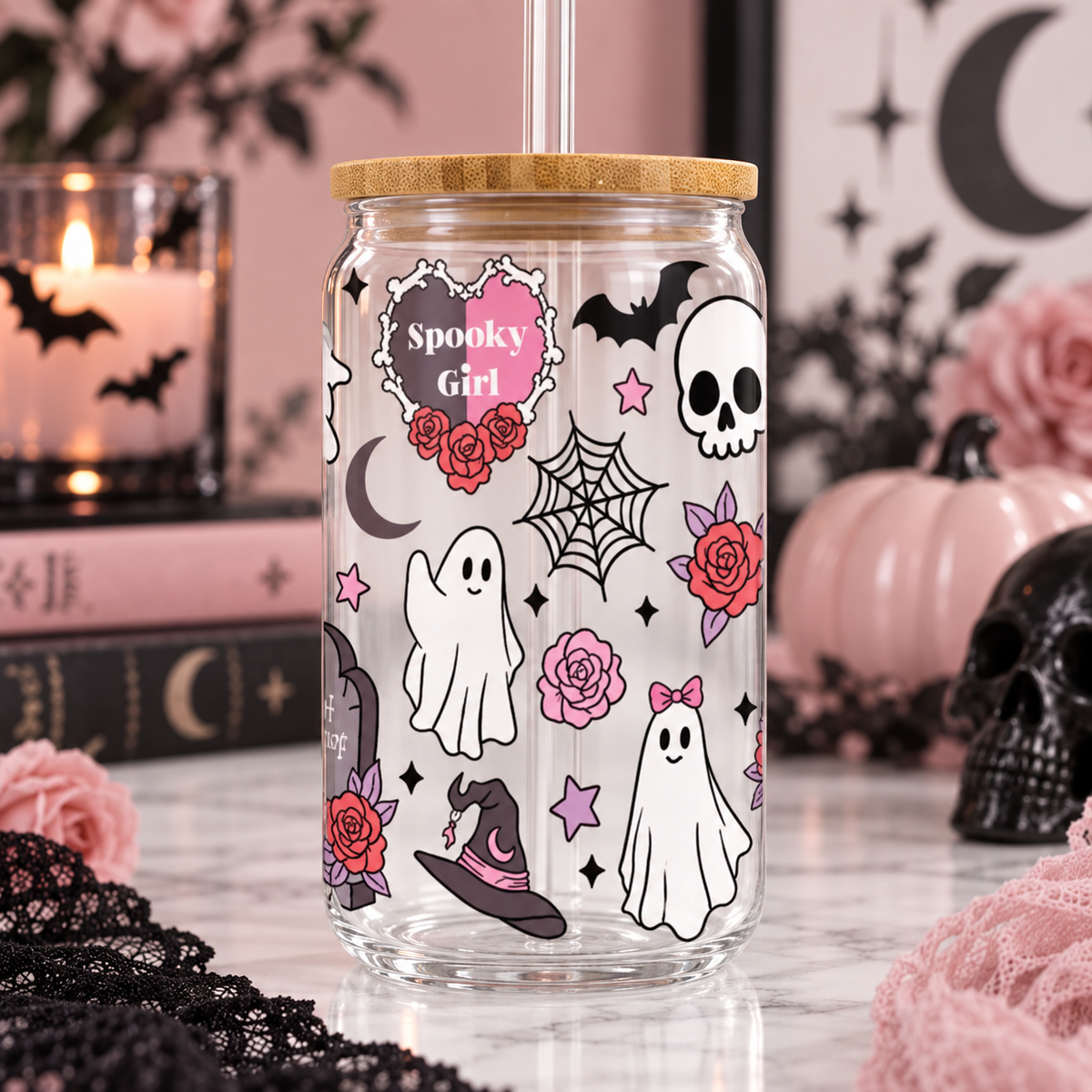Spooky Girl Halloween glass can with bamboo lid and straw in a pink gothic Halloween setting