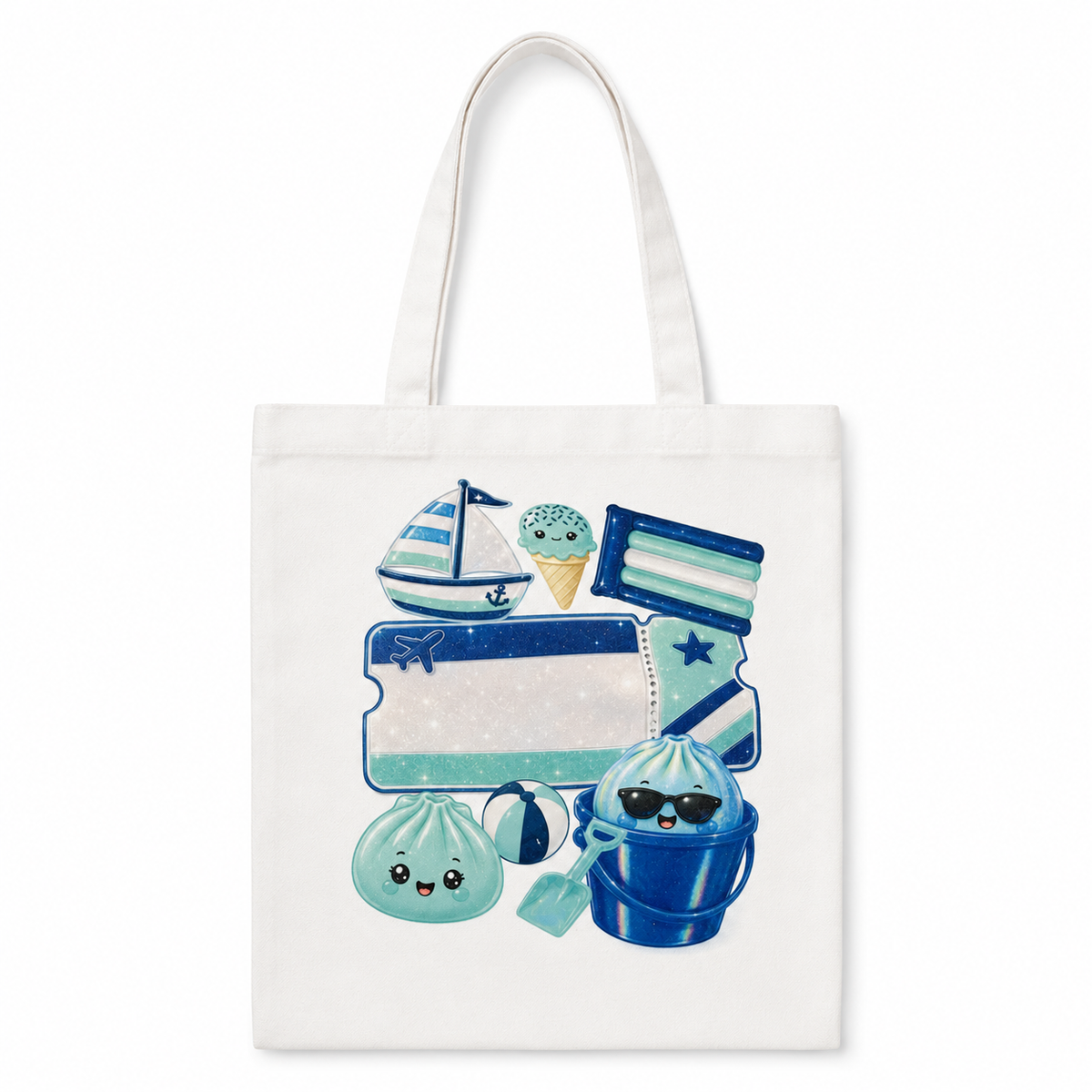 Blue Summer Dumpling tote bag with ticket design for optional name personalisation