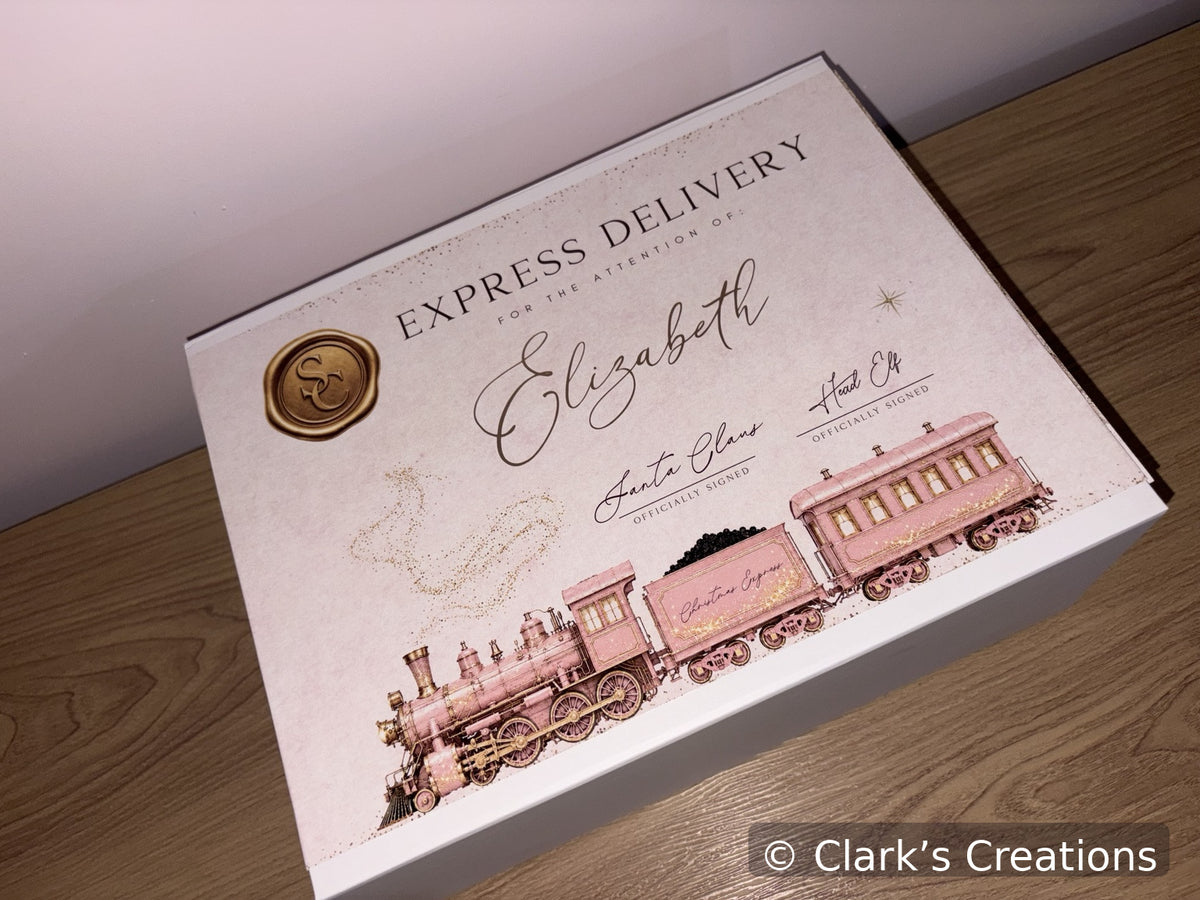 Pink North Pole Express personalised Christmas Eve box lid