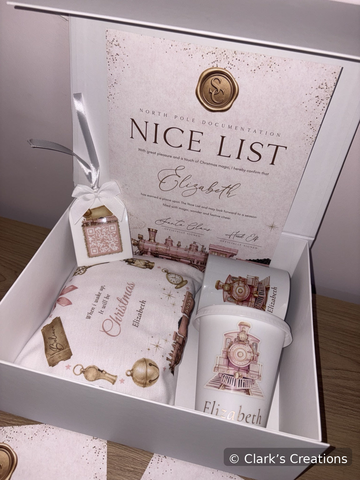 Pink North Pole Express Christmas Eve box with personalised contents