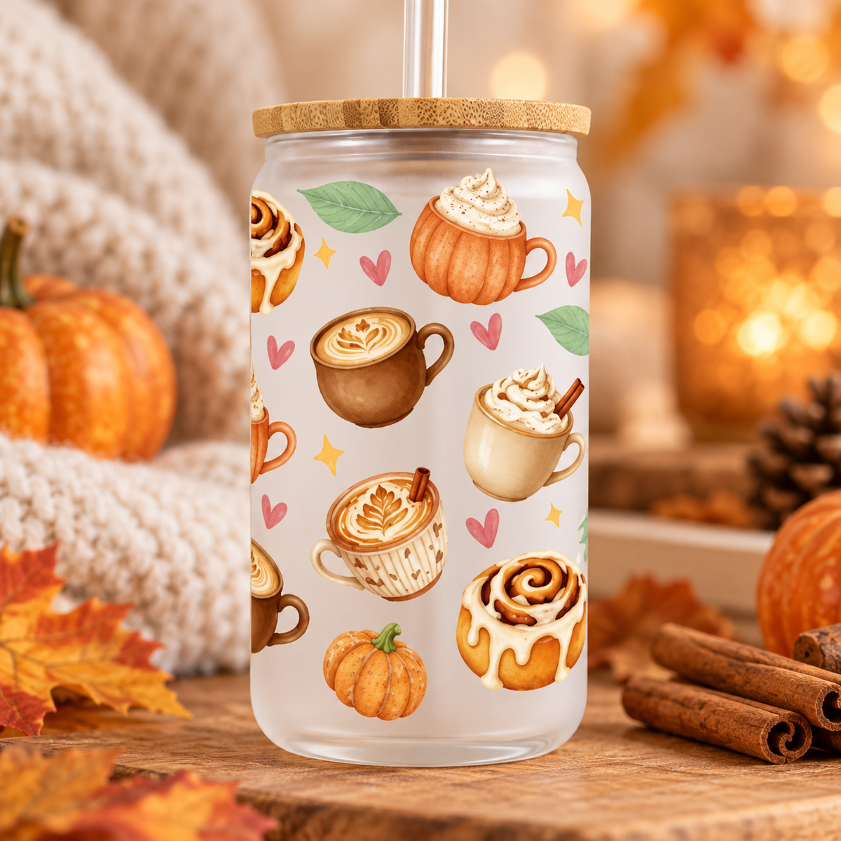 Autumn Drinks glass can with bamboo lid and straw in a cosy autumn setting