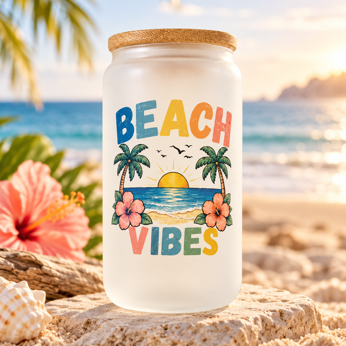 Beach Vibes glass can with bamboo lid in a sunny beach setting
