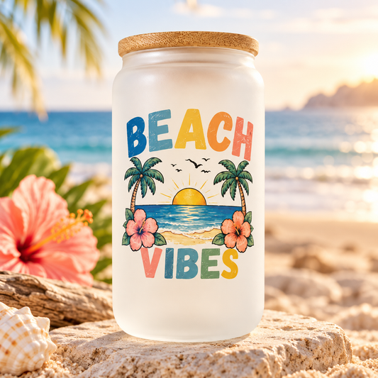 Beach Vibes glass can with bamboo lid in a sunny beach setting