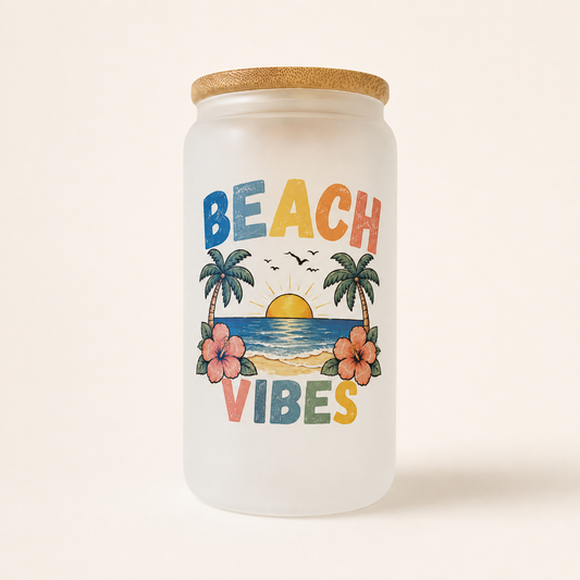 Beach Vibes frosted glass can