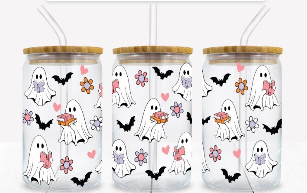 Bookish ghosts Halloween glass can with bamboo lid and straw