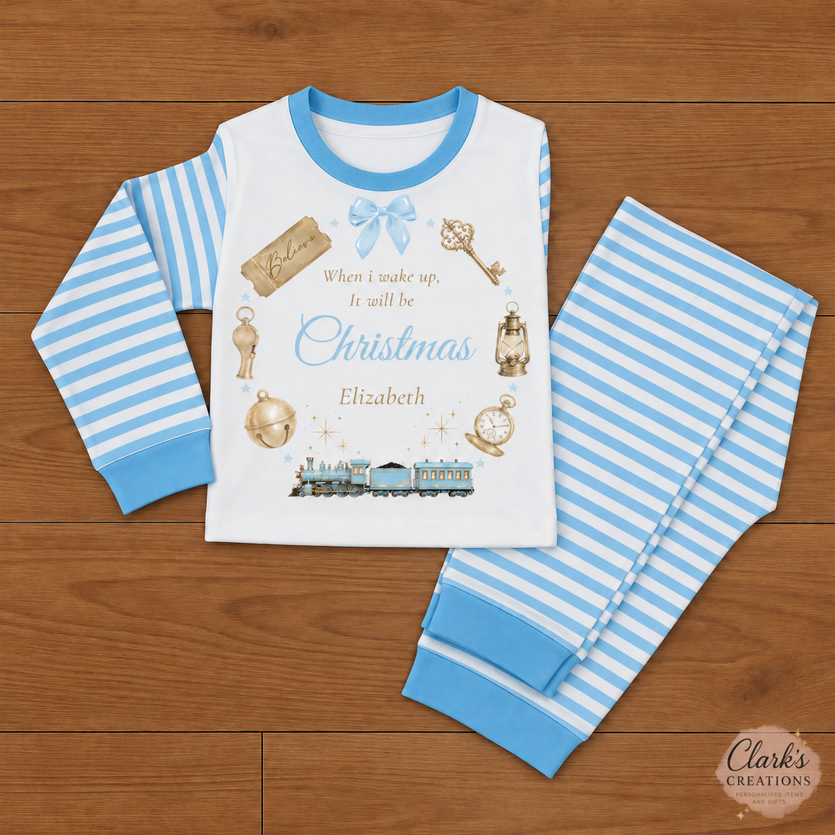 Baby blue personalised Christmas Eve pyjamas