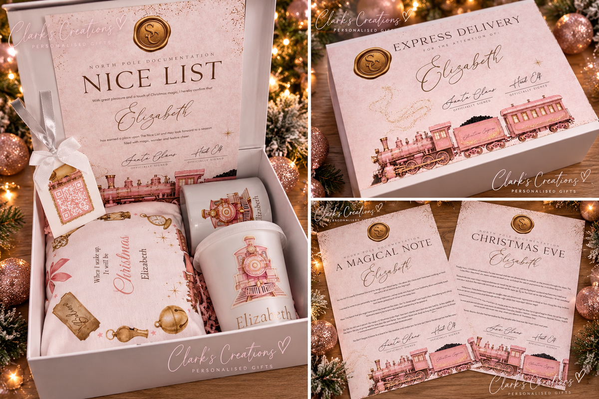 Pink North Pole Express personalised Christmas Eve box with matching gifts – Clark's Creations