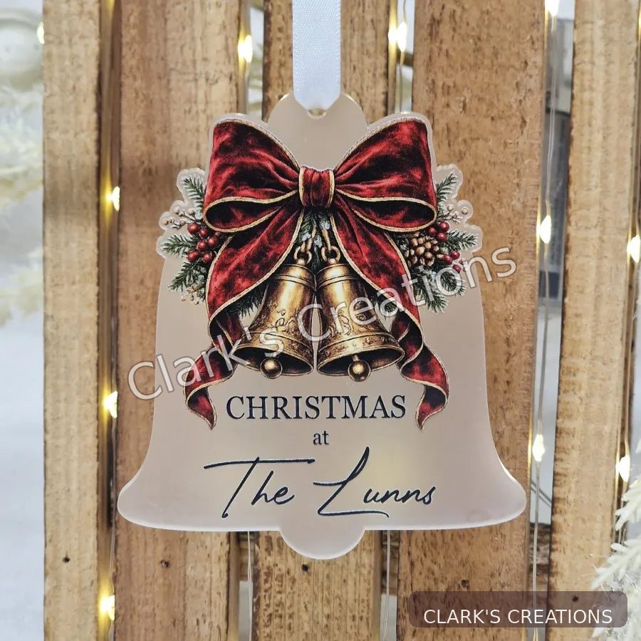 Personalised family name Christmas bell frosted acrylic hanging decoration – Clark's Creations