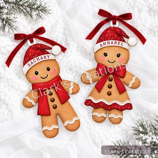Personalised gingerbread boy and girl acrylic Christmas tree decorations with red ribbons – Clark's Creations