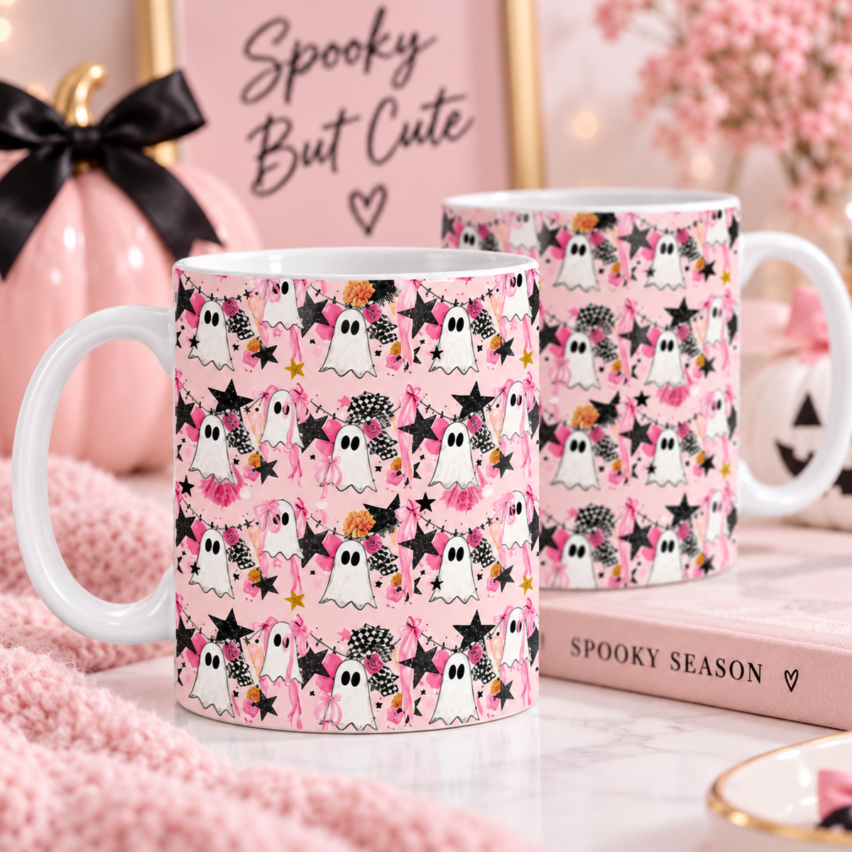 Cute pink ghost Halloween 11oz mug with bows