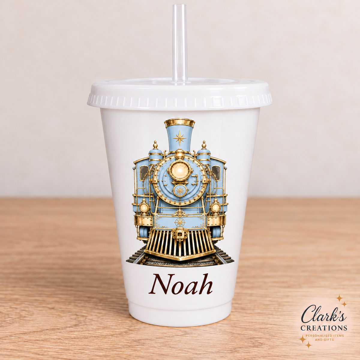 Baby Blue Express Train personalised white 16oz cold cup with lid and straw – Noah example