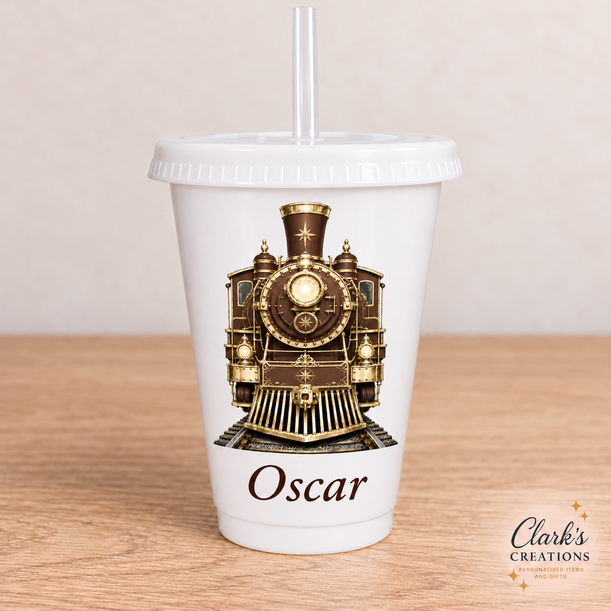 Brown Express Train personalised white 16oz cold cup with lid and straw – Oscar example
