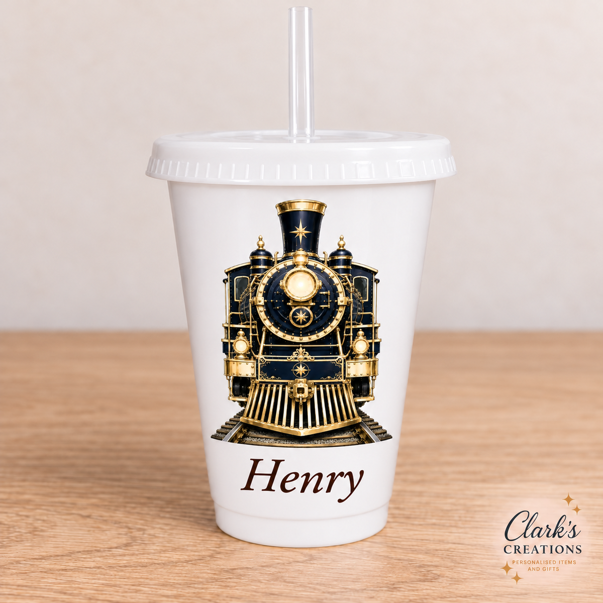 Navy Express Train personalised white 16oz cold cup with lid and straw – Henry example
