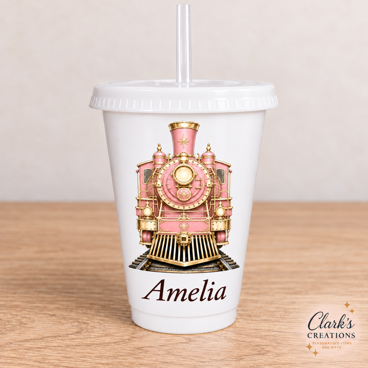 Pink Express Train personalised white 16oz cold cup with lid and straw – Amelia example