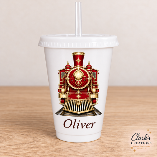 Red Express Train personalised white 16oz cold cup with lid and straw – Oliver example