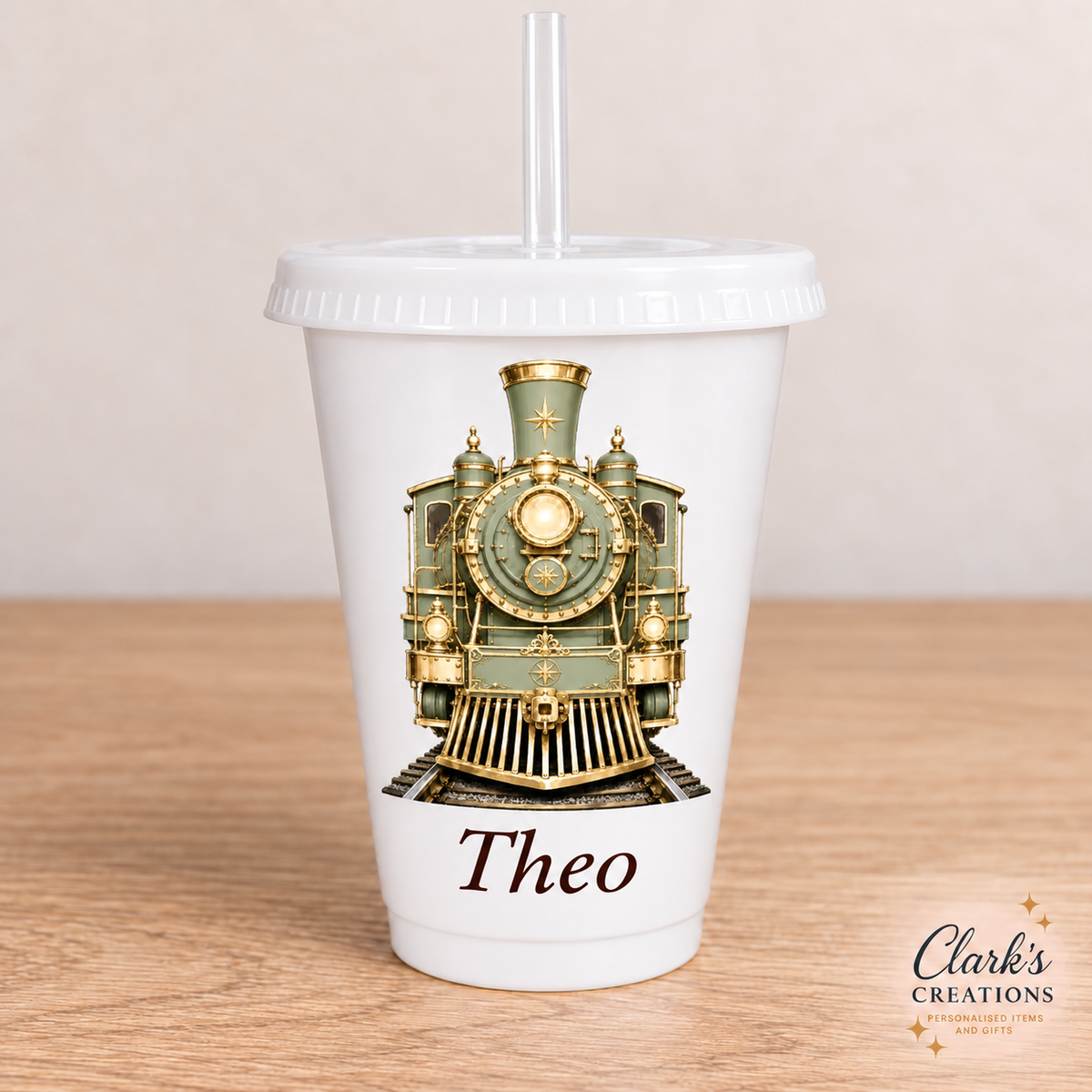 Sage Express Train personalised white 16oz cold cup with lid and straw – Theo example