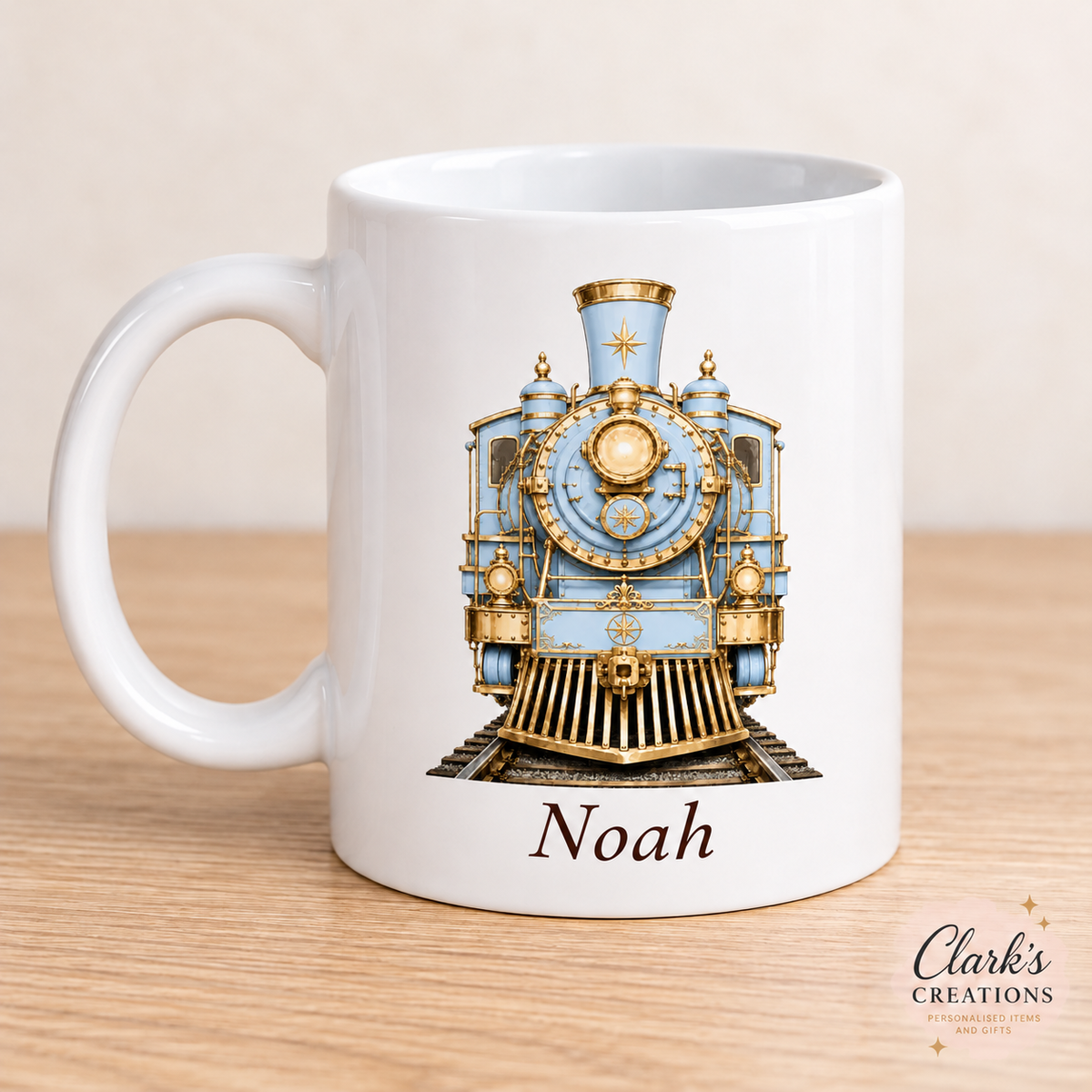 Baby Blue Express Train personalised white 11oz Christmas mug – Noah example