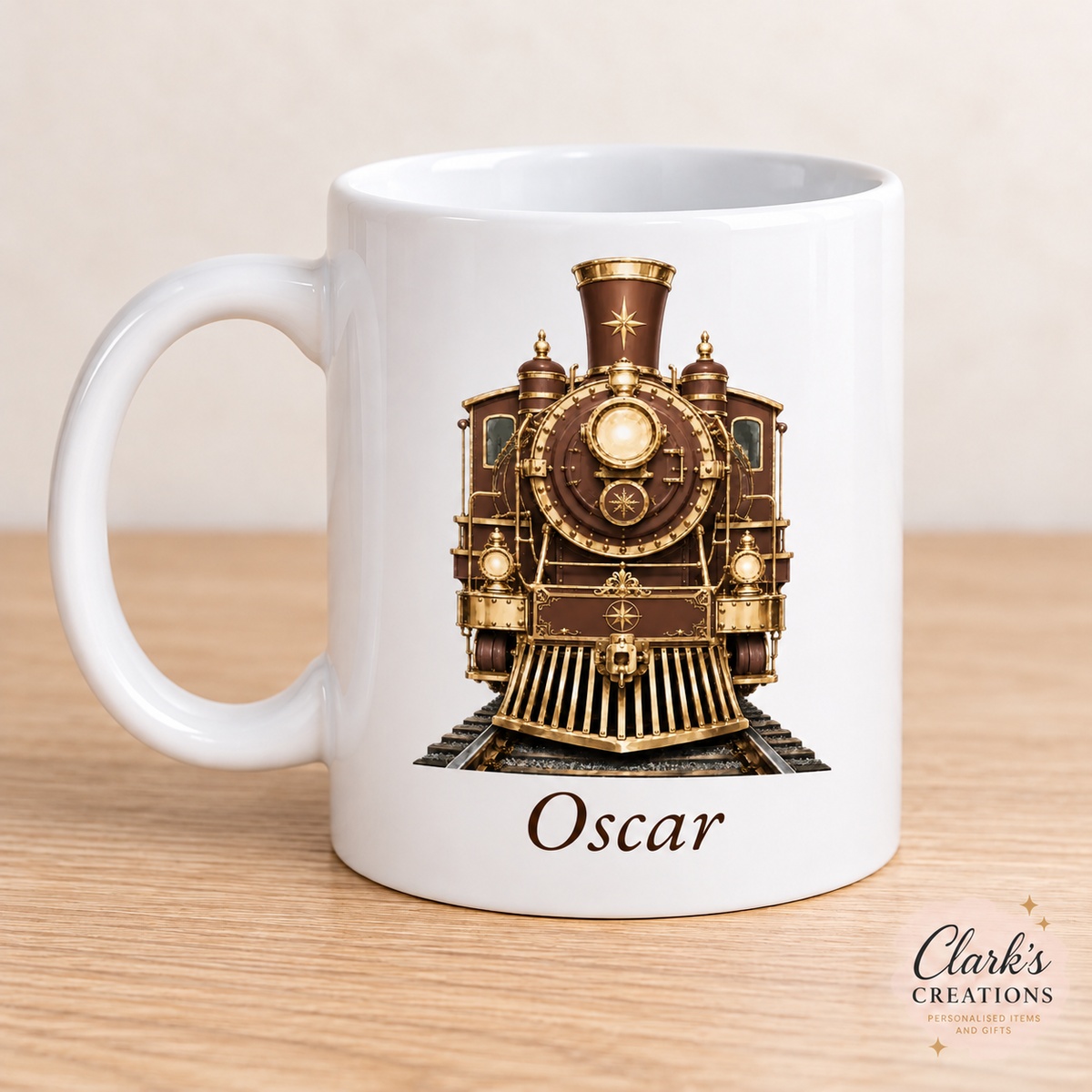 Brown Express Train personalised white 11oz Christmas mug – Oscar example