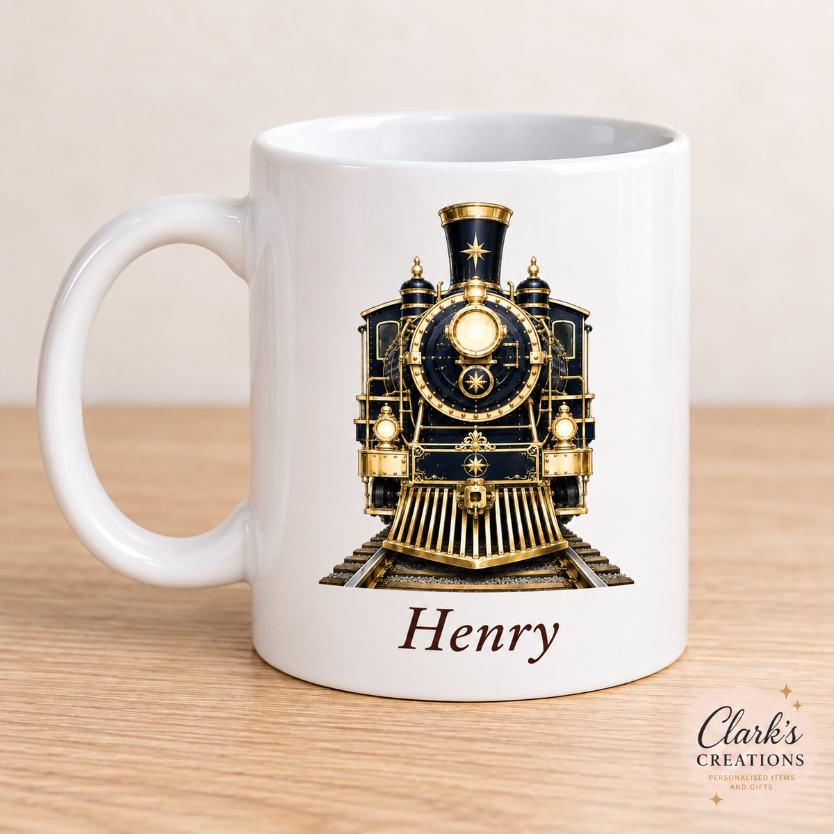 Navy Express Train personalised white 11oz Christmas mug – Henry example