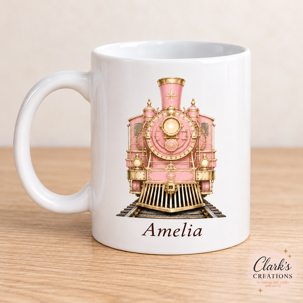 Pink Express Train personalised white 11oz Christmas mug – Amelia example
