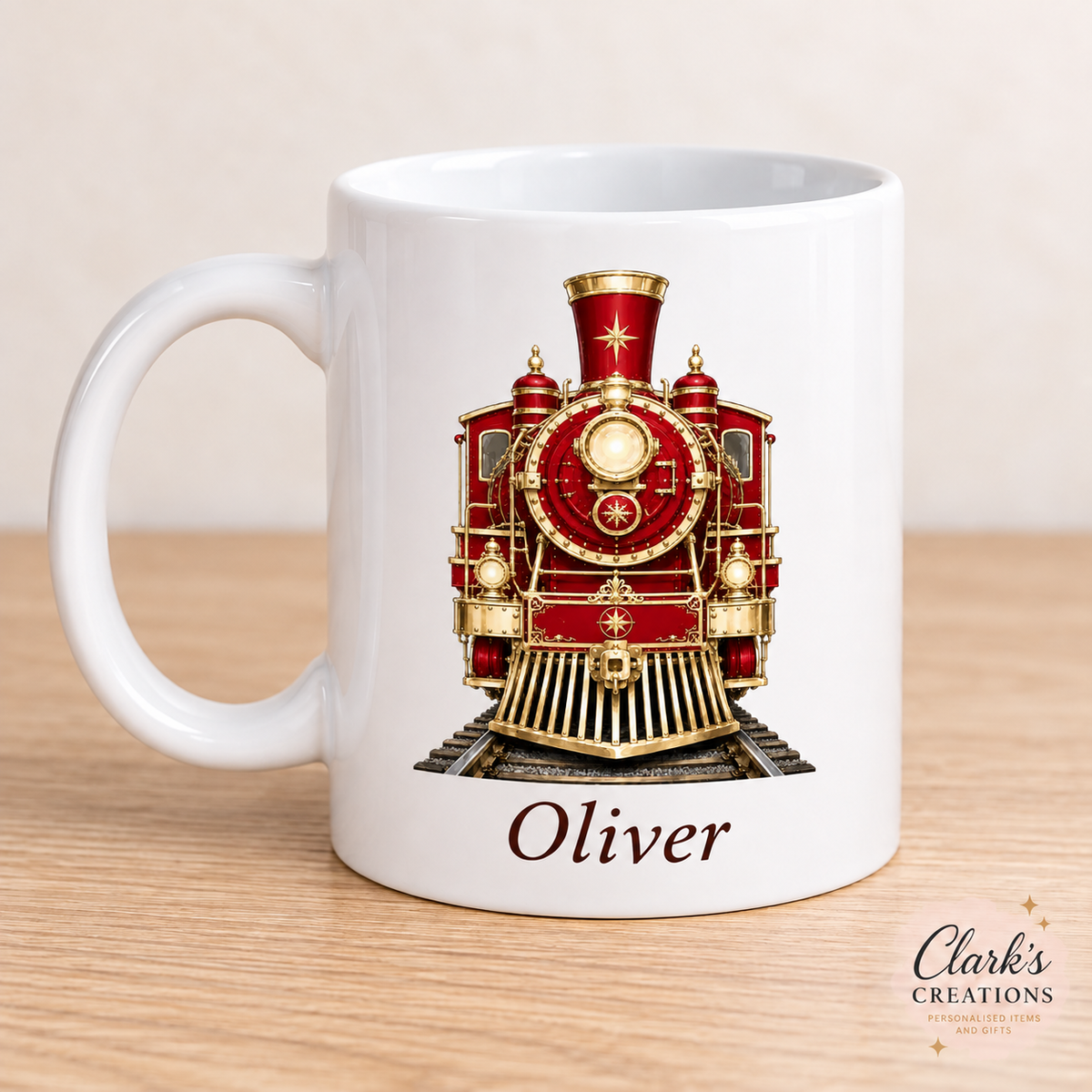 Red Express Train personalised white 11oz Christmas mug – Oliver example