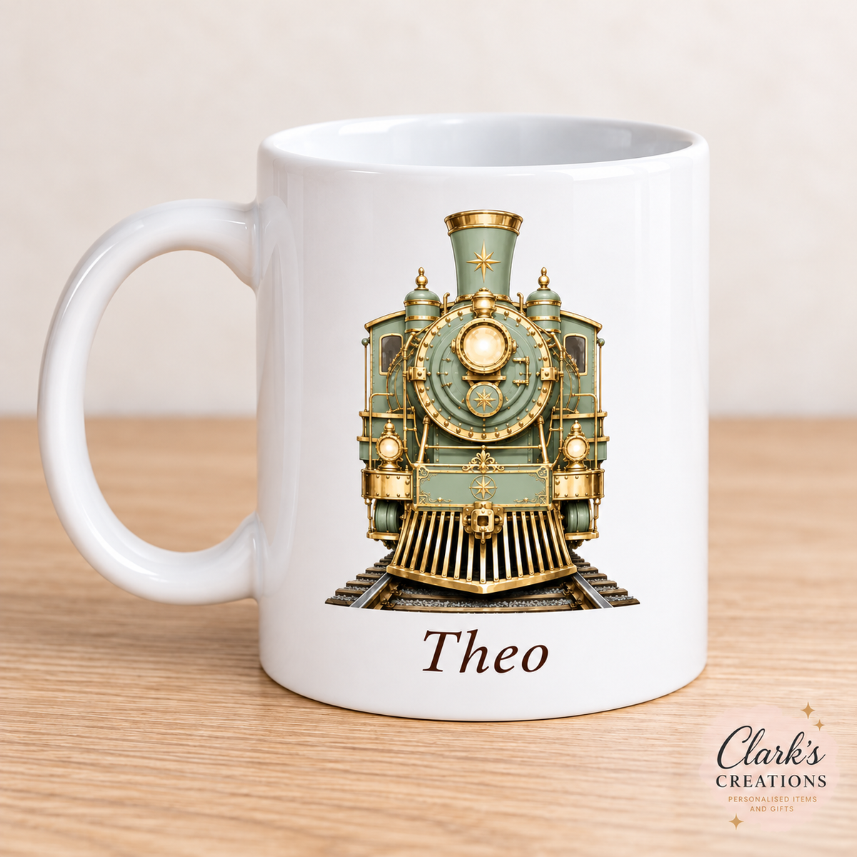 Sage Express Train personalised white 11oz Christmas mug – Theo example