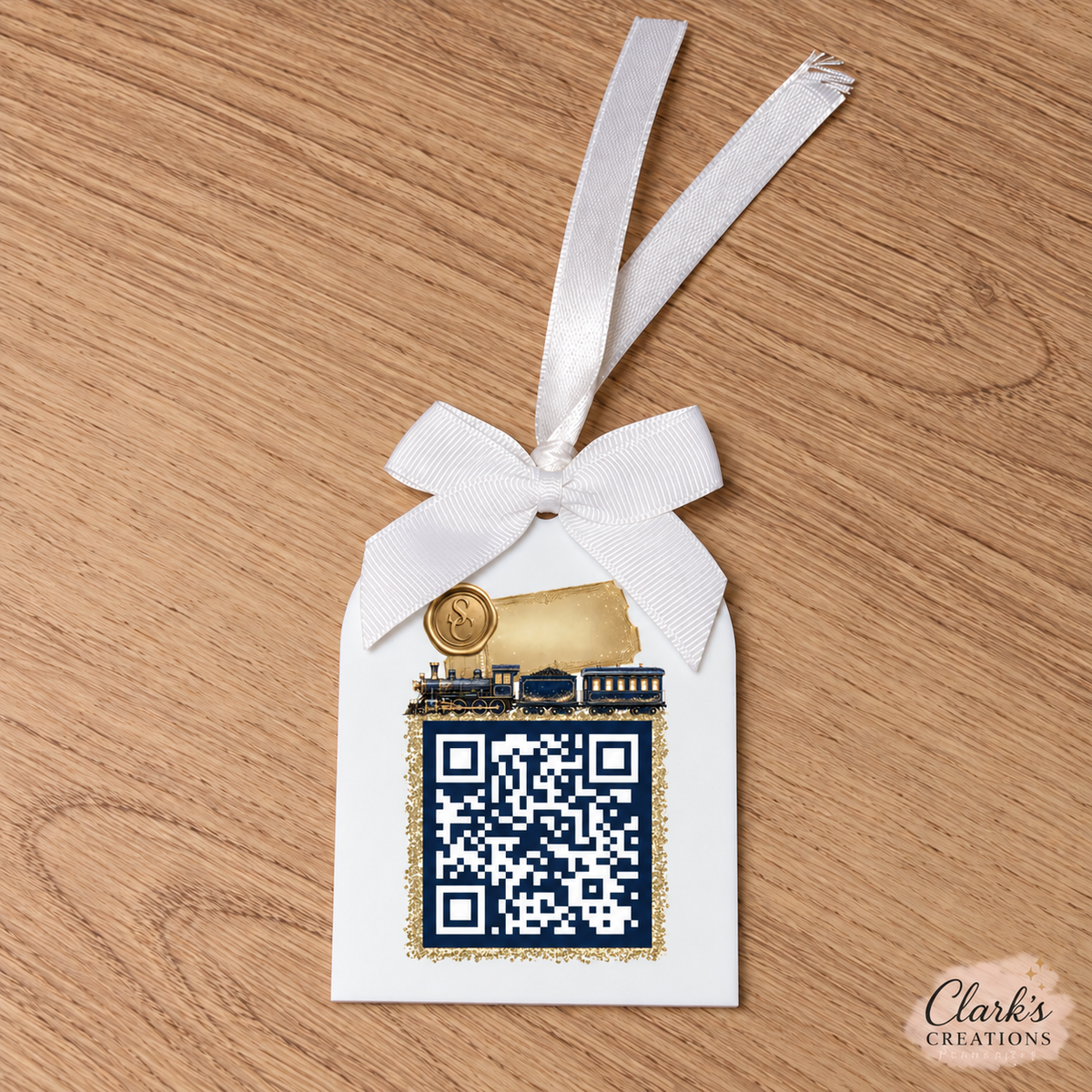 Navy Express Train Santa Tracker white acrylic arch with white ribbon and NORAD QR code