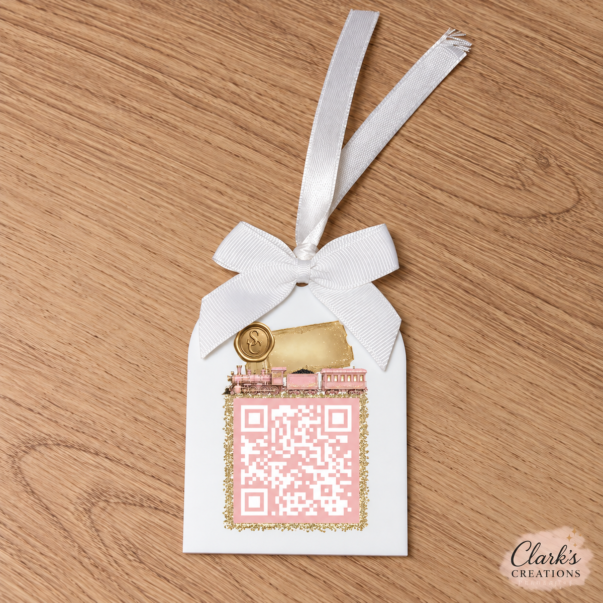 Pink Express Train Santa Tracker white acrylic arch with white ribbon and NORAD QR code