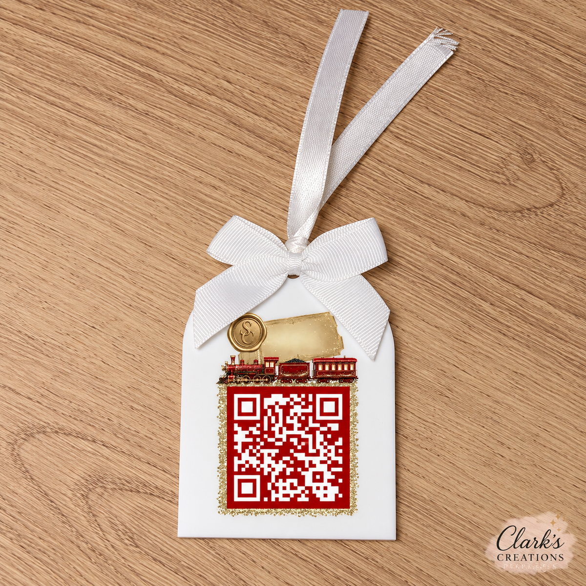 Red Express Train Santa Tracker white acrylic arch with white ribbon and NORAD QR code