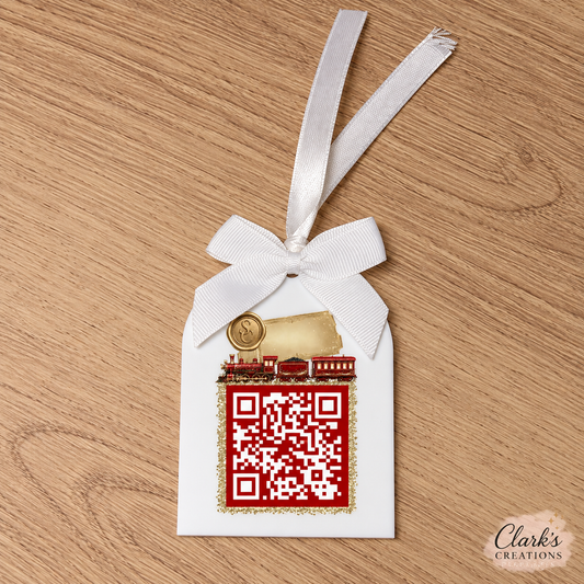 Red Express Train Santa Tracker white acrylic arch with white ribbon and NORAD QR code