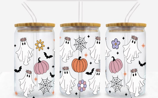 Floral ghosts Halloween glass can with bamboo lid and straw