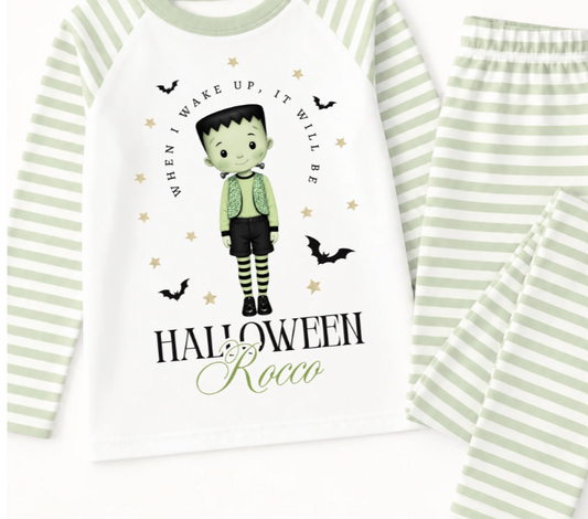 Personalised Frankenstein When I Wake Up Halloween pyjamas in sage green stripes
