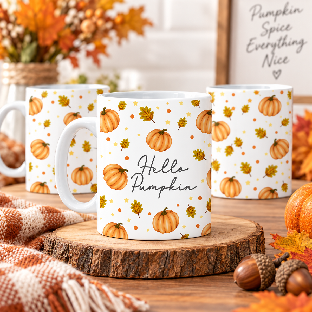 Hello Pumpkin autumn 11oz mug with pumpkins and leaves