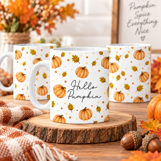 Hello Pumpkin autumn 11oz mug with pumpkins and leaves