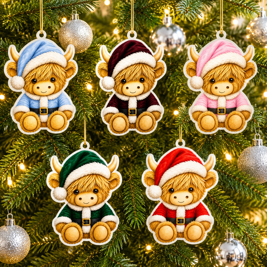 Highland cow Christmas decorations in blue, burgundy, pink, green and red Santa outfits
