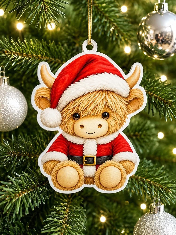 Highland cow Christmas decoration in red Santa hat and coat