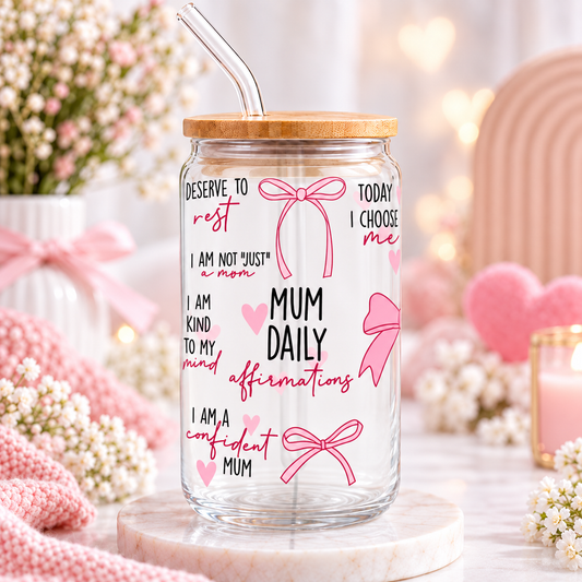 Mum Daily glass can with pink bows and affirmations in a soft pink styled setting