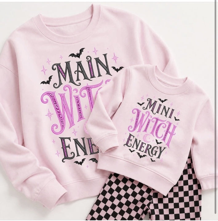 Main Witch Energy and Mini Witch Energy matching Halloween jumpers