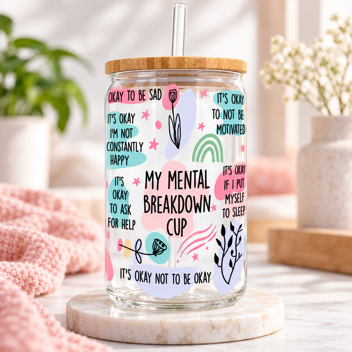 My Mental Breakdown glass can with bamboo lid and straw in a soft cosy setting