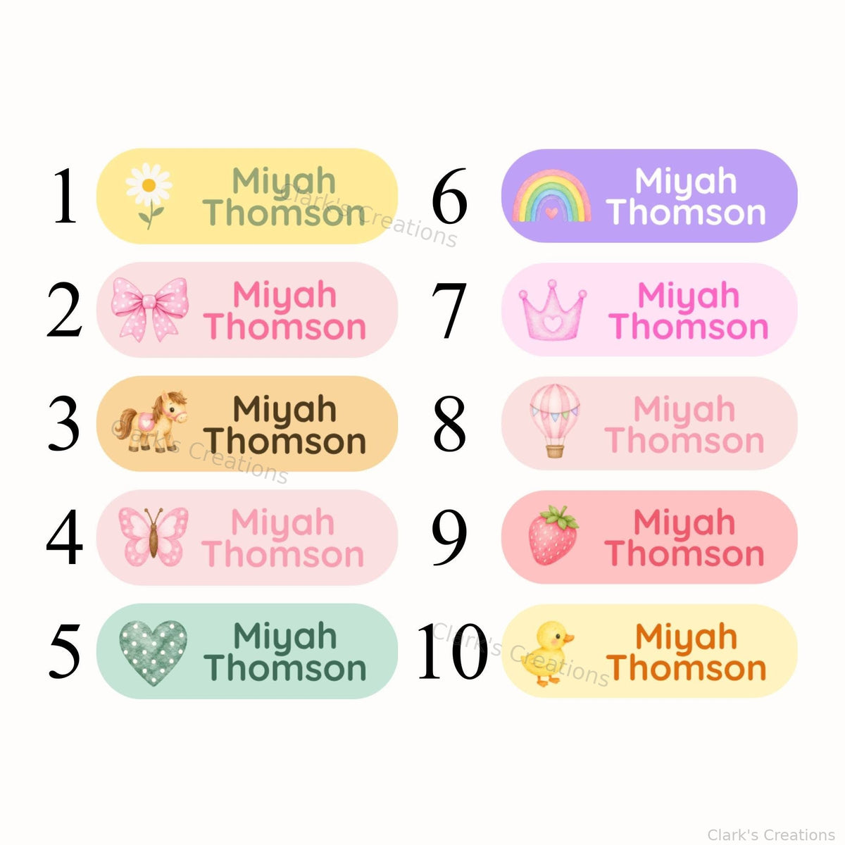 Personalised name label design chart showing options 1 to 10