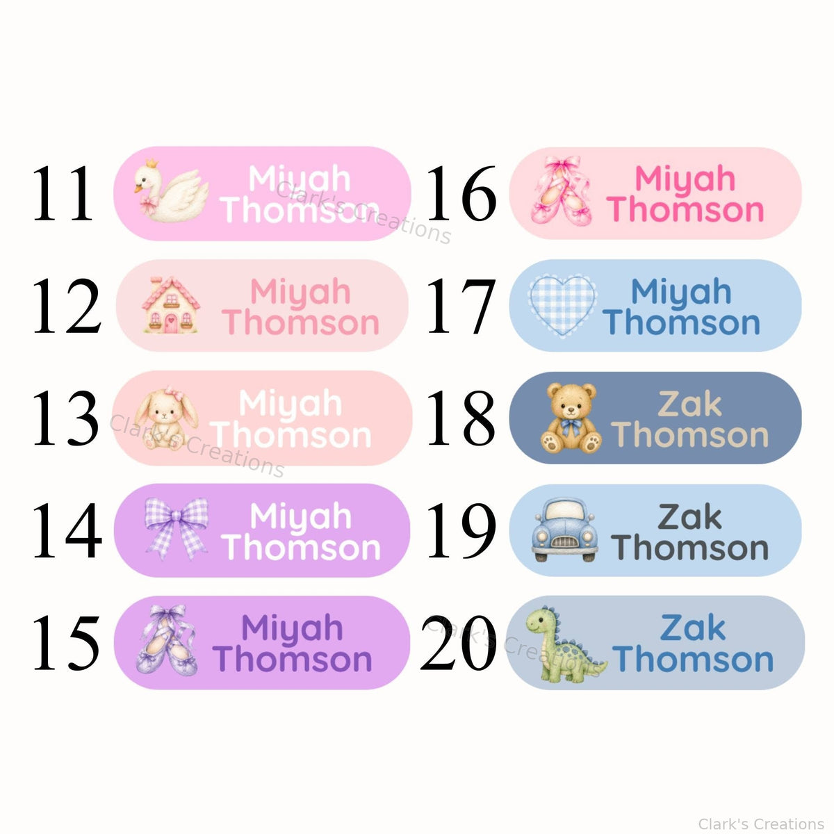 Personalised name label design chart showing options 11 to 20