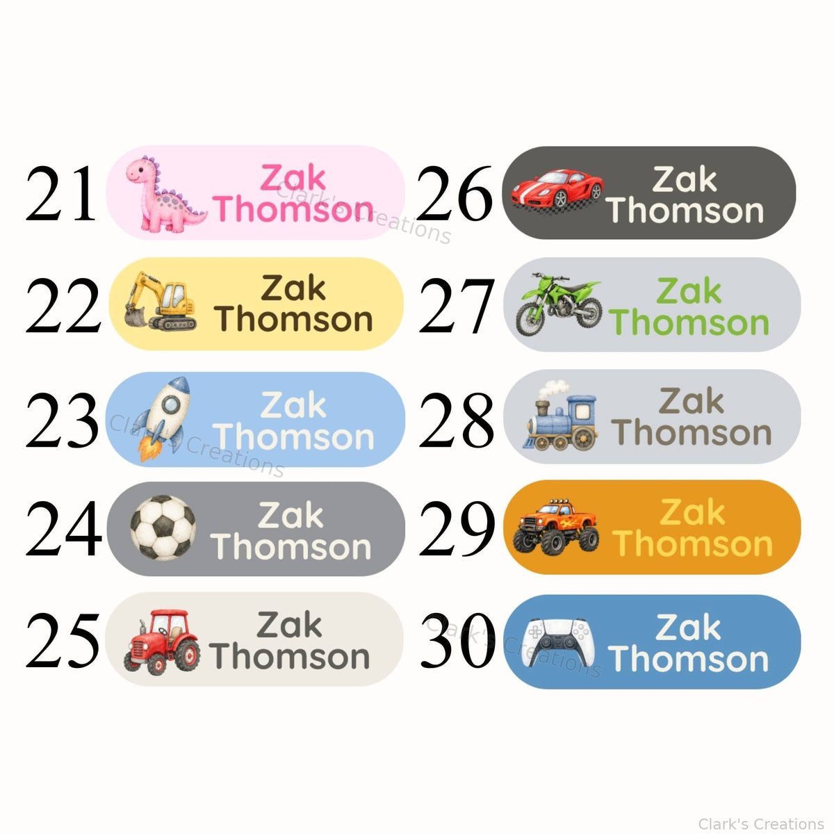 Personalised name label design chart showing options 21 to 30