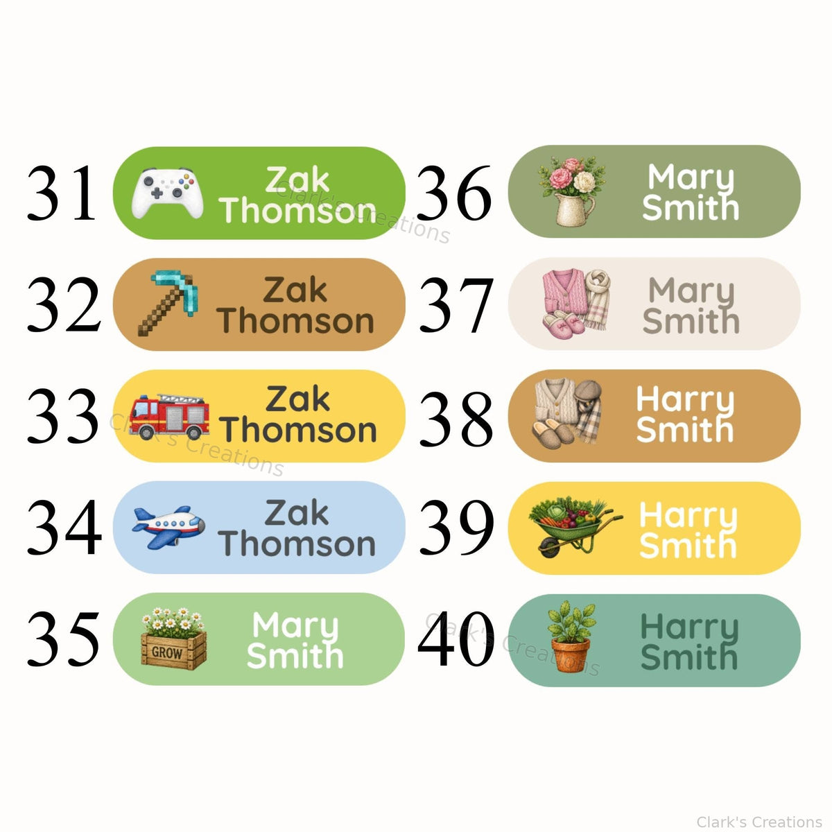 Personalised name label design chart showing options 31 to 40