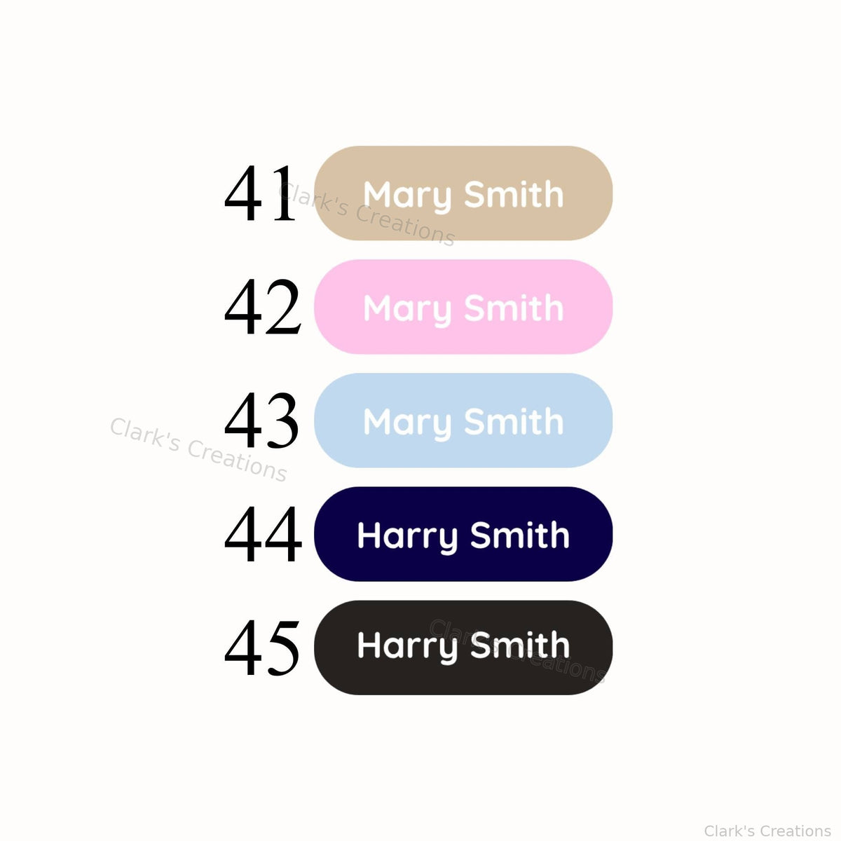Personalised name label design chart showing options 41 to 45